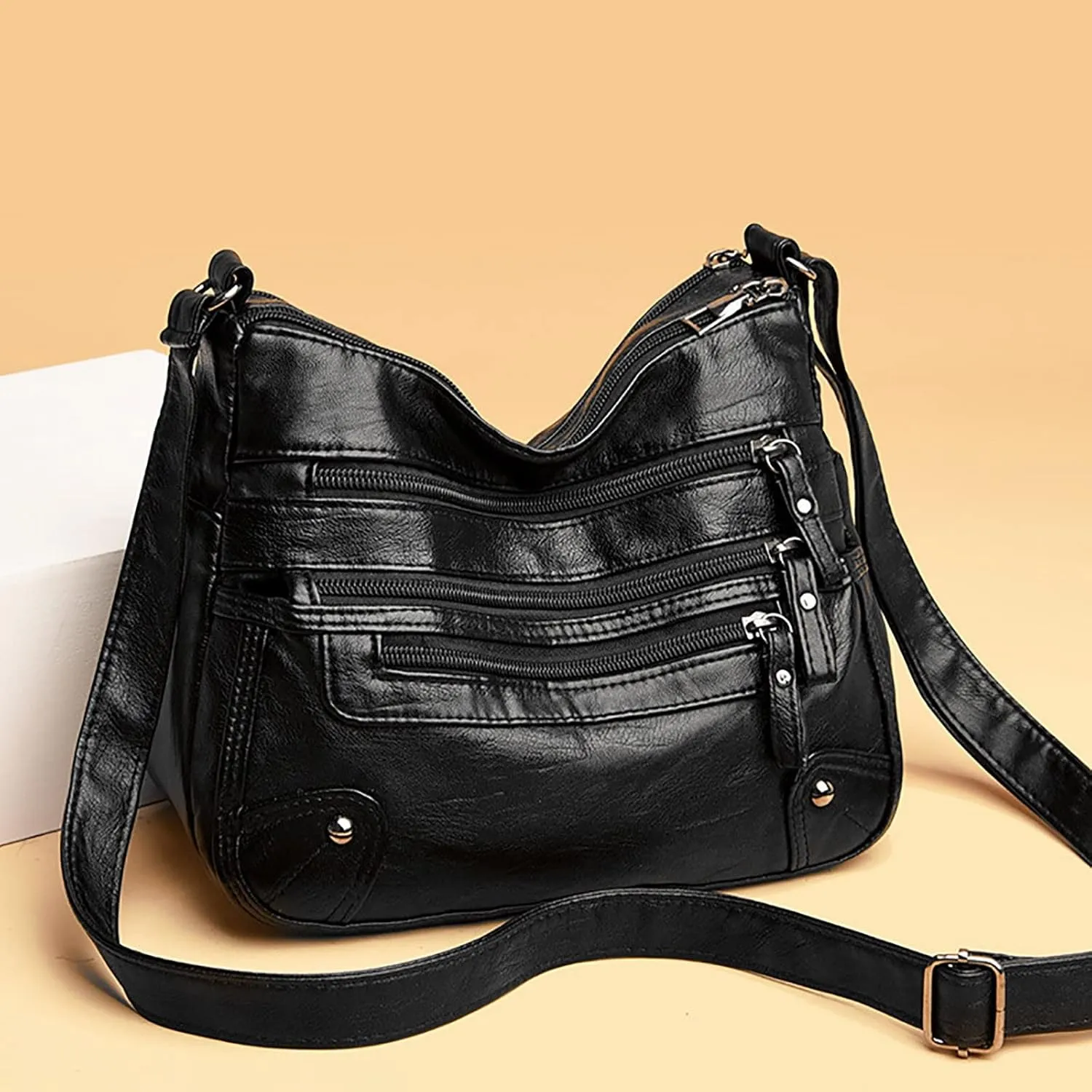 Women Soft Leather Shoulder Bags Layer Classic Crossbody Bag Luxury Designer Handbag And Purse (Black, One Size)