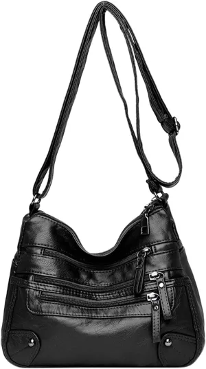 Women Soft Leather Shoulder Bags Layer Classic Crossbody Bag Luxury Designer Handbag And Purse (Black, One Size)