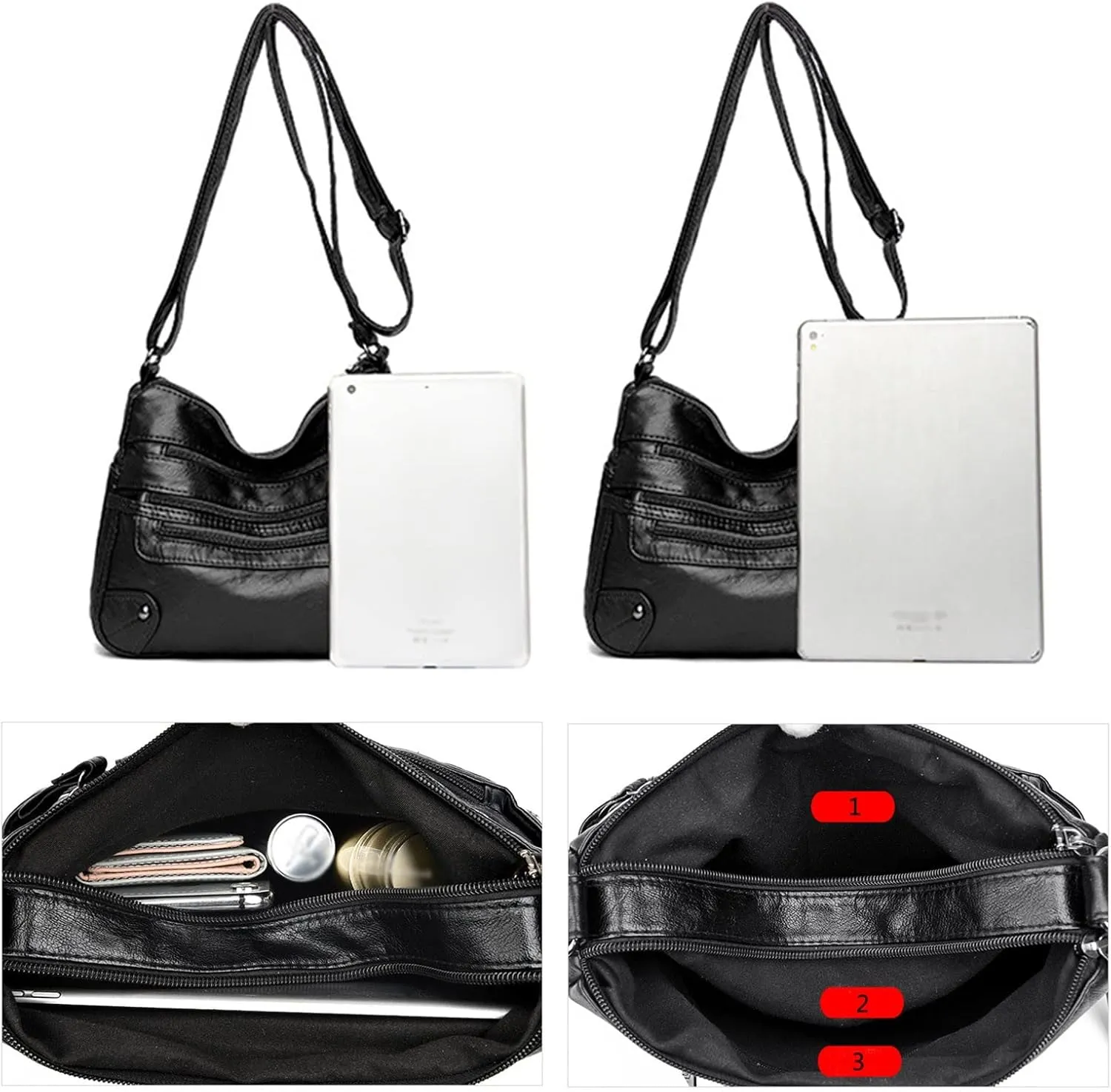 Women Soft Leather Shoulder Bags Layer Classic Crossbody Bag Luxury Designer Handbag And Purse (Black, One Size)