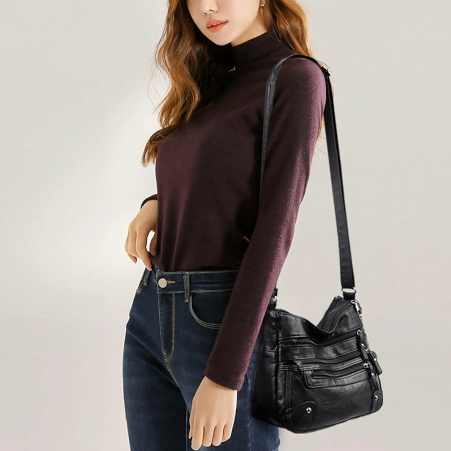 Women Soft Leather Shoulder Bags Layer Classic Crossbody Bag Luxury Designer Handbag And Purse (Black, One Size)