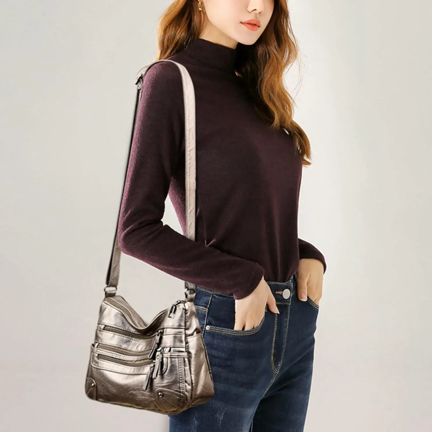 Women Soft Leather Shoulder Bags Layer Classic Crossbody Bag Luxury Designer Handbag And Purse (Bronze, One Size)
