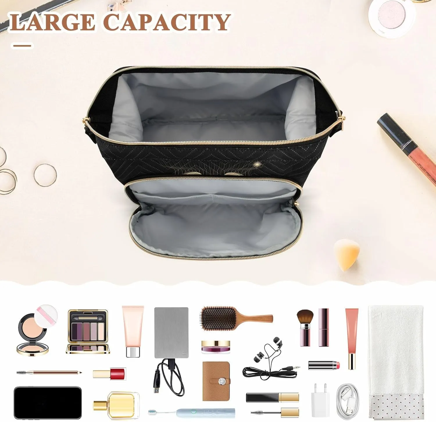 Women Wave Quilt Cosmetic Bag, Storage Pouch Handbag Makeup Case Zipper Toiletry Purse Holder Organizer 10.2x5.9x6.7 in Vintage Retro Neon Signs of the Zodiac Cancer on Dark