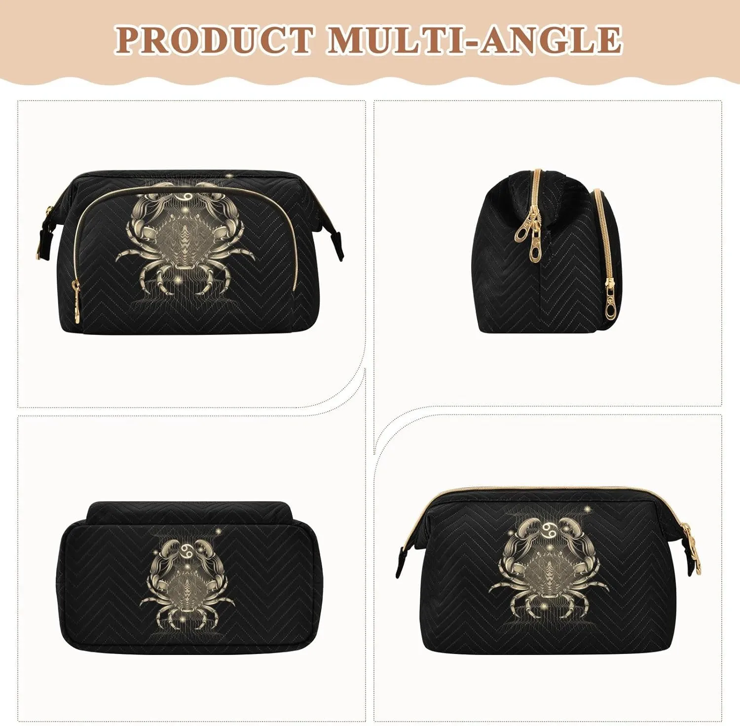 Women Wave Quilt Cosmetic Bag, Storage Pouch Handbag Makeup Case Zipper Toiletry Purse Holder Organizer 10.2x5.9x6.7 in Vintage Retro Neon Signs of the Zodiac Cancer on Dark