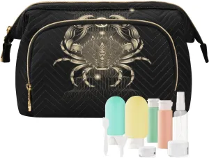 Women Wave Quilt Cosmetic Bag, Storage Pouch Handbag Makeup Case Zipper Toiletry Purse Holder Organizer 10.2x5.9x6.7 in Vintage Retro Neon Signs of the Zodiac Cancer on Dark