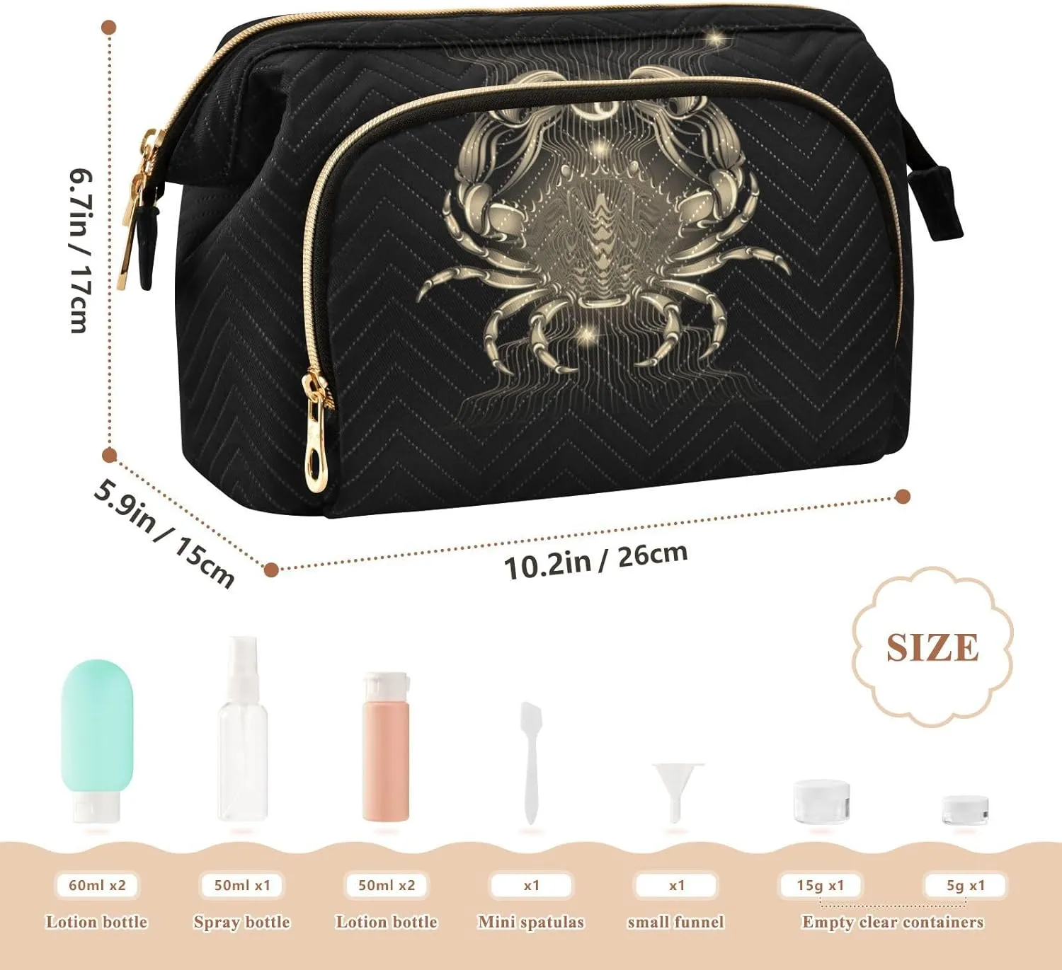 Women Wave Quilt Cosmetic Bag, Storage Pouch Handbag Makeup Case Zipper Toiletry Purse Holder Organizer 10.2x5.9x6.7 in Vintage Retro Neon Signs of the Zodiac Cancer on Dark