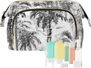 Women Wave Quilt Cosmetic Bag, Storage Pouch Handbag Makeup Case Zipper Toiletry Purse Holder Organizer 10.2x5.9x6.7 in Vintage Retro Seamless Hand Drawn Sketch Black Tropical Palm Trees