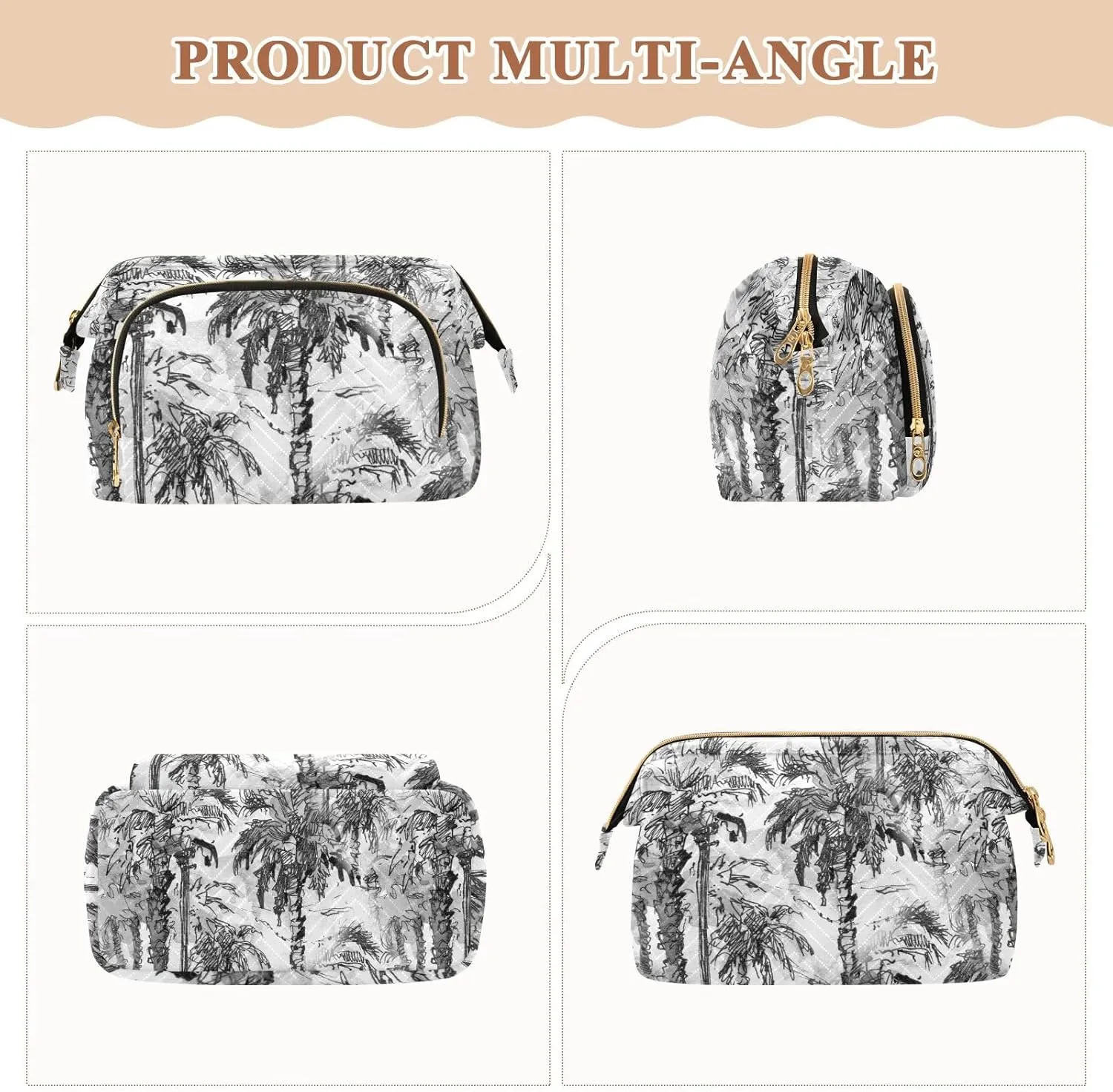 Women Wave Quilt Cosmetic Bag, Storage Pouch Handbag Makeup Case Zipper Toiletry Purse Holder Organizer 10.2x5.9x6.7 in Vintage Retro Seamless Hand Drawn Sketch Black Tropical Palm Trees