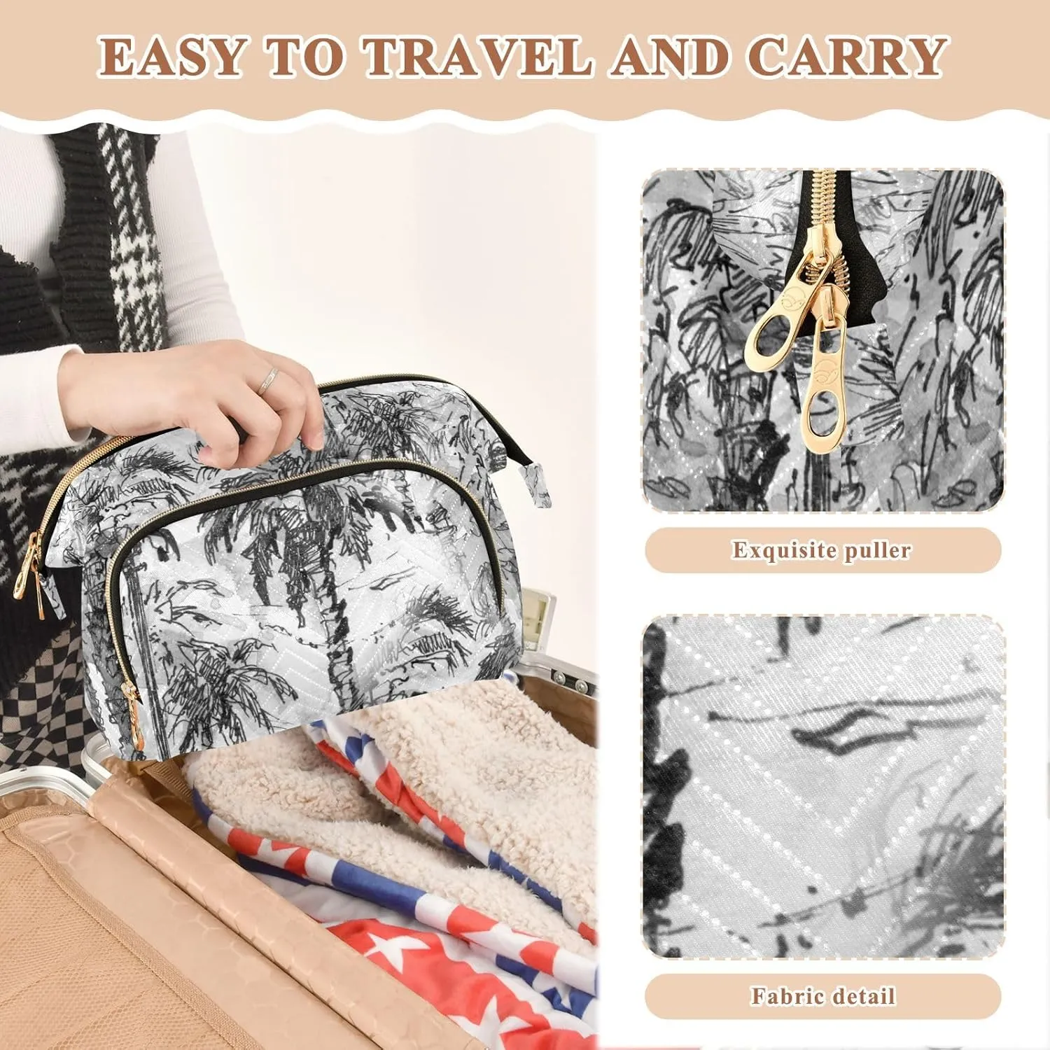 Women Wave Quilt Cosmetic Bag, Storage Pouch Handbag Makeup Case Zipper Toiletry Purse Holder Organizer 10.2x5.9x6.7 in Vintage Retro Seamless Hand Drawn Sketch Black Tropical Palm Trees