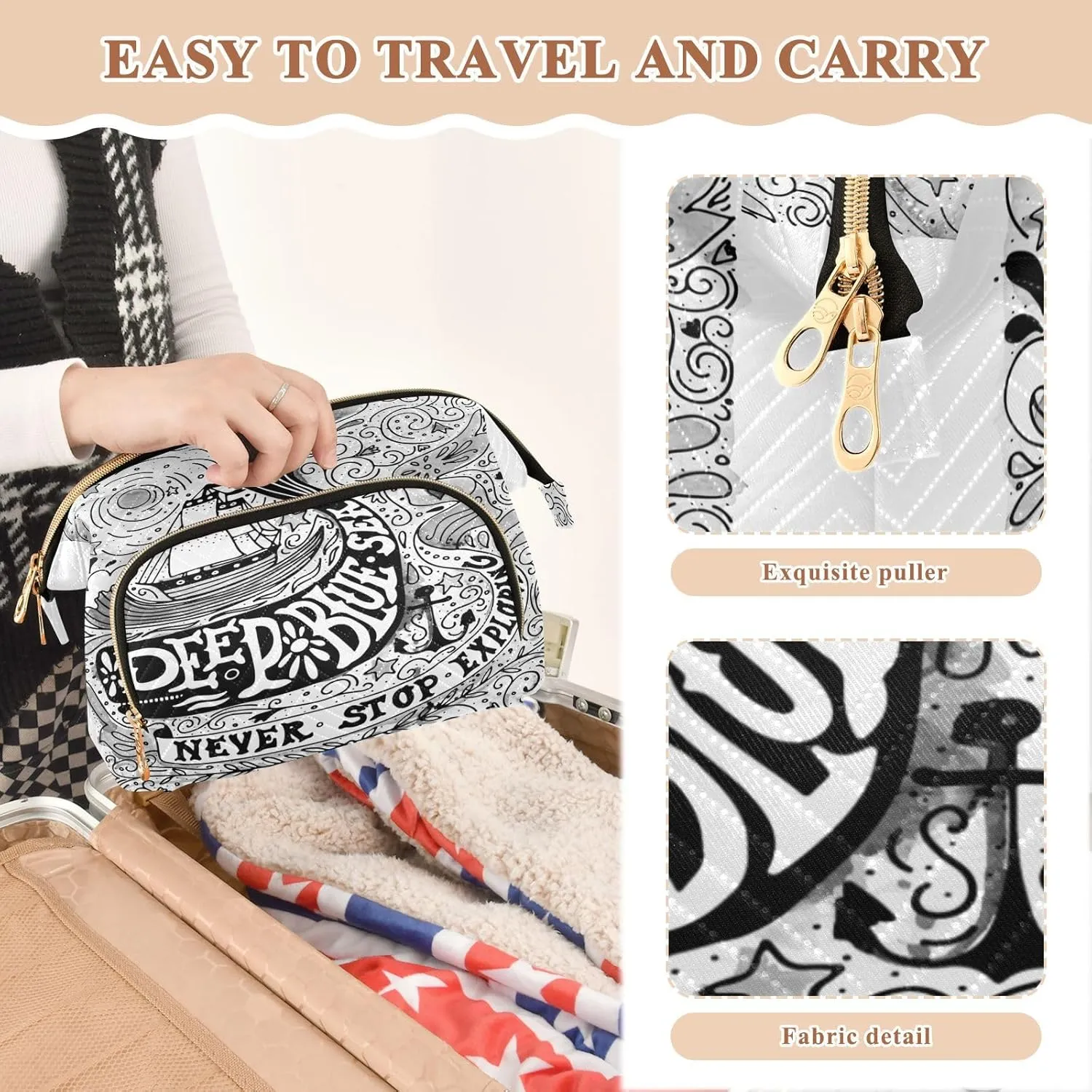 Women Wave Quilt Cosmetic Bag, Storage Pouch Handbag Makeup Case Zipper Toiletry Purse Holder Organizer 10.2x5.9x6.7 in Vintage Ship, Whale and Hand Lettering Black White Retro Style