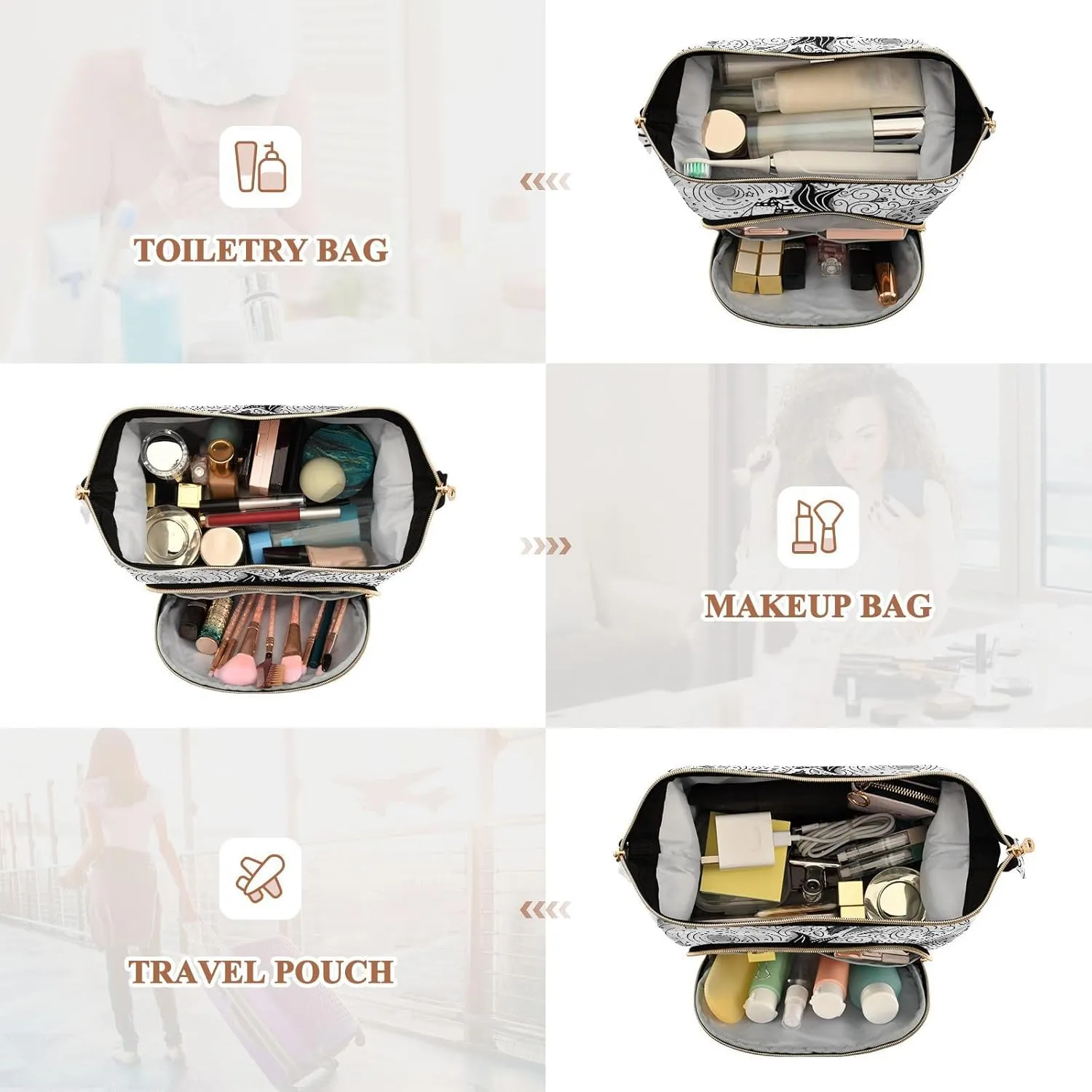 Women Wave Quilt Cosmetic Bag, Storage Pouch Handbag Makeup Case Zipper Toiletry Purse Holder Organizer 10.2x5.9x6.7 in Vintage Ship, Whale and Hand Lettering Black White Retro Style