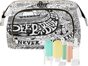 Women Wave Quilt Cosmetic Bag, Storage Pouch Handbag Makeup Case Zipper Toiletry Purse Holder Organizer 10.2x5.9x6.7 in Vintage Ship, Whale and Hand Lettering Black White Retro Style