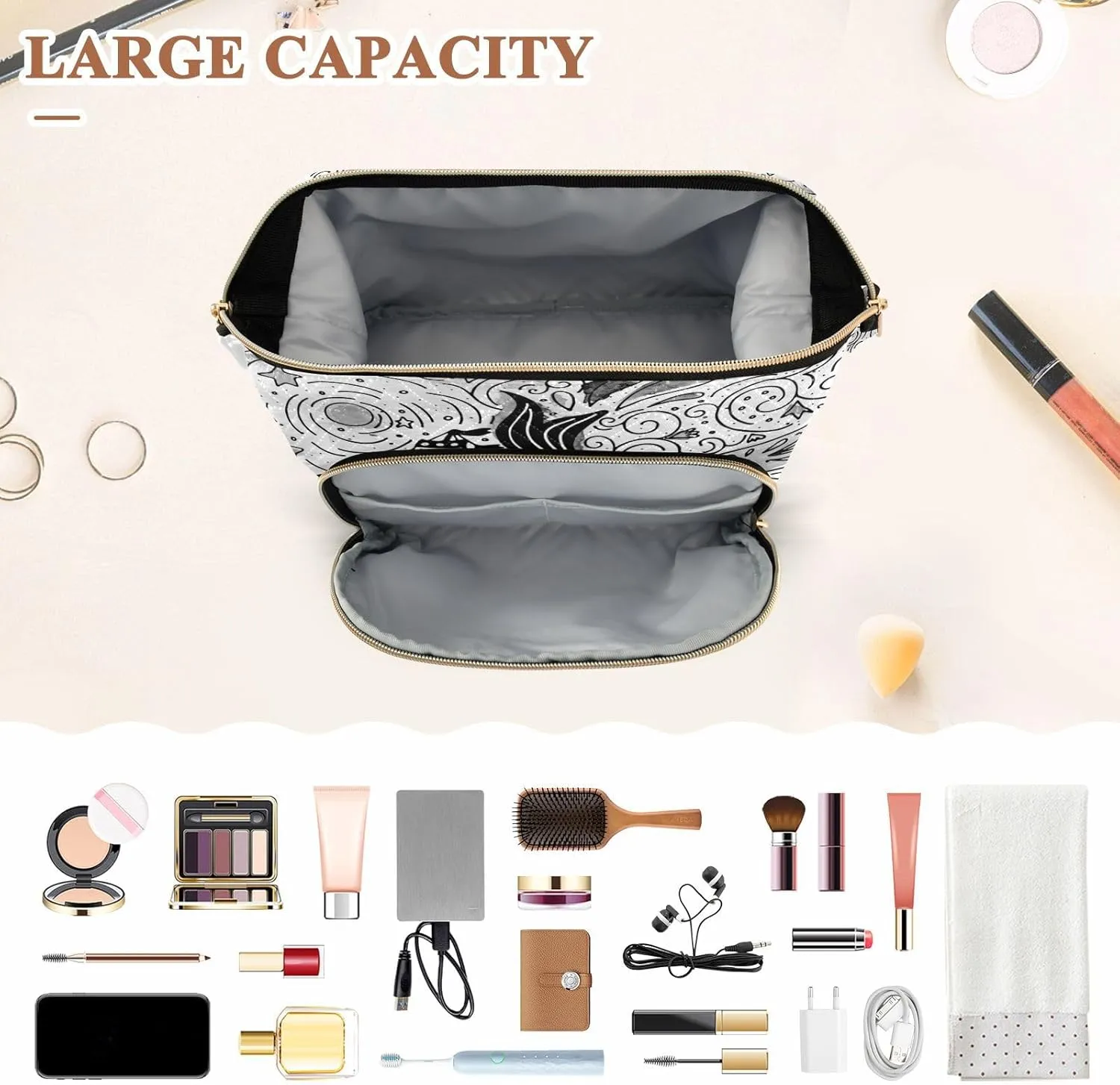 Women Wave Quilt Cosmetic Bag, Storage Pouch Handbag Makeup Case Zipper Toiletry Purse Holder Organizer 10.2x5.9x6.7 in Vintage Ship, Whale and Hand Lettering Black White Retro Style