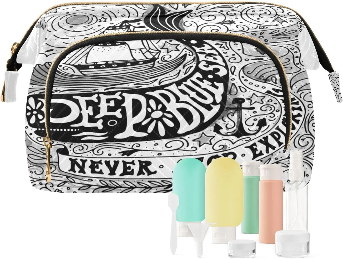 Women Wave Quilt Cosmetic Bag, Storage Pouch Handbag Makeup Case Zipper Toiletry Purse Holder Organizer 10.2x5.9x6.7 in Vintage Ship, Whale and Hand Lettering Black White Retro Style