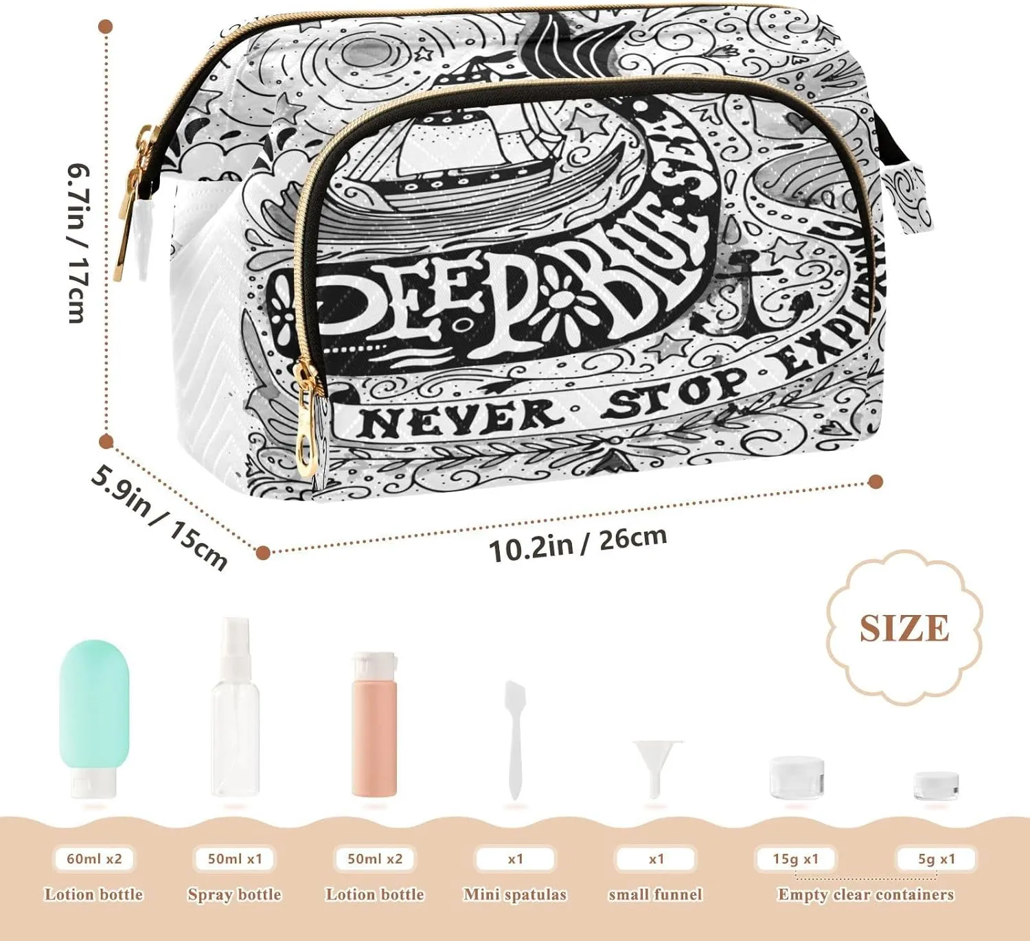 Women Wave Quilt Cosmetic Bag, Storage Pouch Handbag Makeup Case Zipper Toiletry Purse Holder Organizer 10.2x5.9x6.7 in Vintage Ship, Whale and Hand Lettering Black White Retro Style