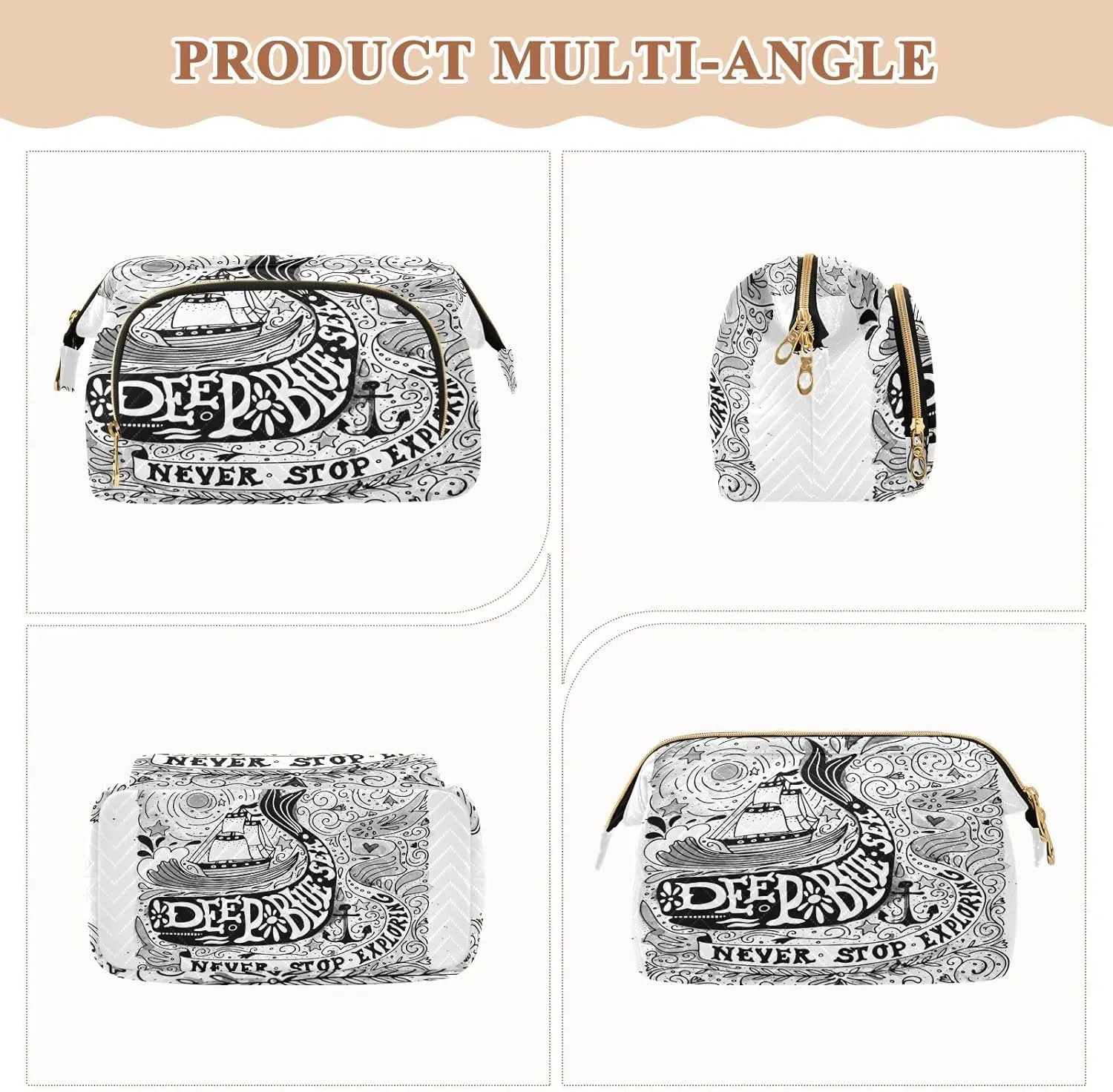 Women Wave Quilt Cosmetic Bag, Storage Pouch Handbag Makeup Case Zipper Toiletry Purse Holder Organizer 10.2x5.9x6.7 in Vintage Ship, Whale and Hand Lettering Black White Retro Style