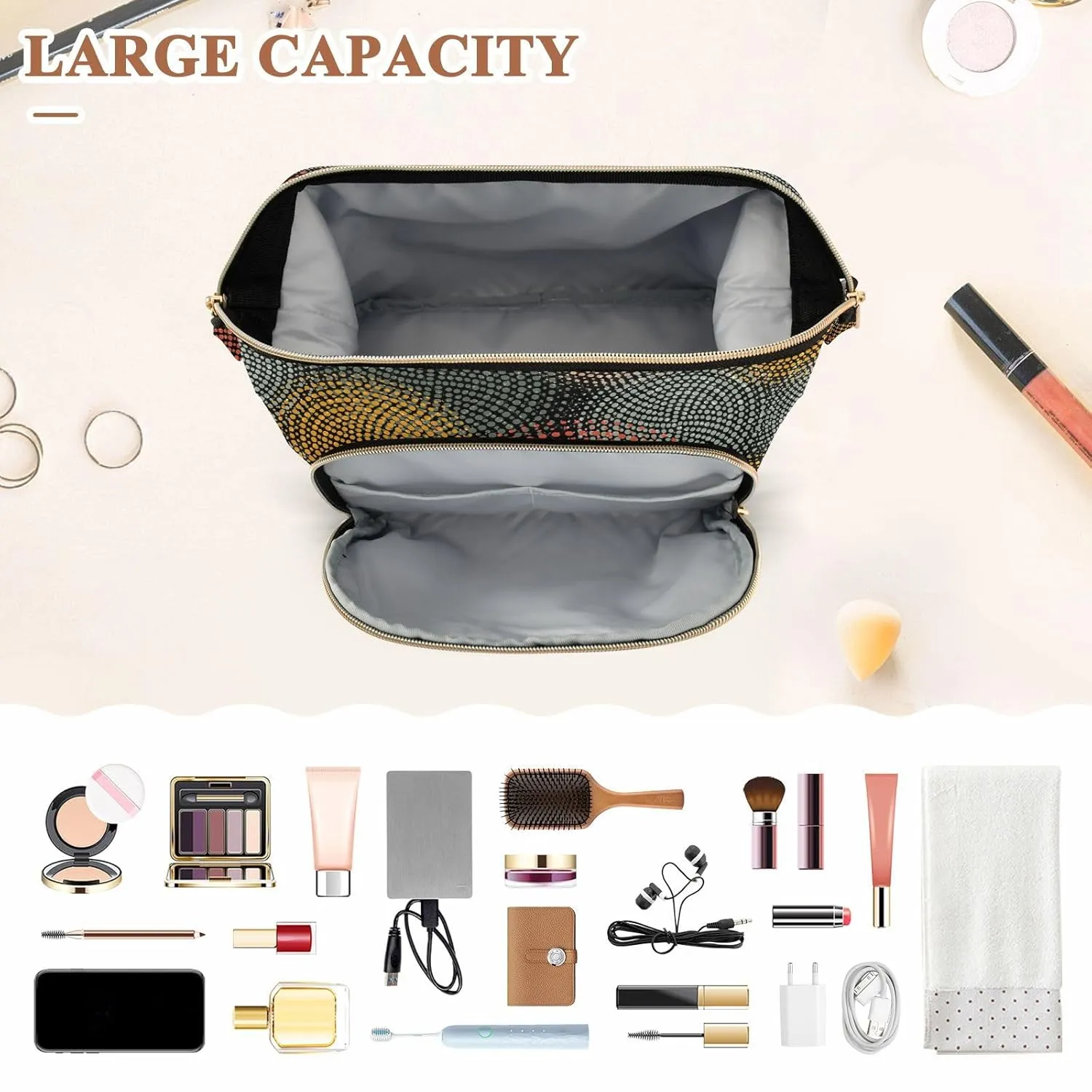 Women Wave Quilt Cosmetic Bag, Zipper Toiletry Storage 10.2x5.9x6.7 in, Pouch Handbag Makeup Case Purse Holder Organizer Print African Afro Enthic Tribal Circles Motifs Retro