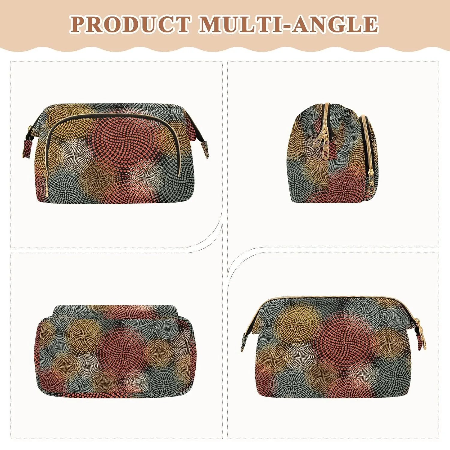 Women Wave Quilt Cosmetic Bag, Zipper Toiletry Storage 10.2x5.9x6.7 in, Pouch Handbag Makeup Case Purse Holder Organizer Print African Afro Enthic Tribal Circles Motifs Retro