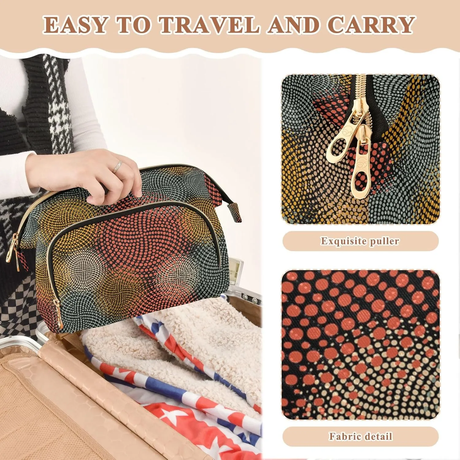 Women Wave Quilt Cosmetic Bag, Zipper Toiletry Storage 10.2x5.9x6.7 in, Pouch Handbag Makeup Case Purse Holder Organizer Print African Afro Enthic Tribal Circles Motifs Retro