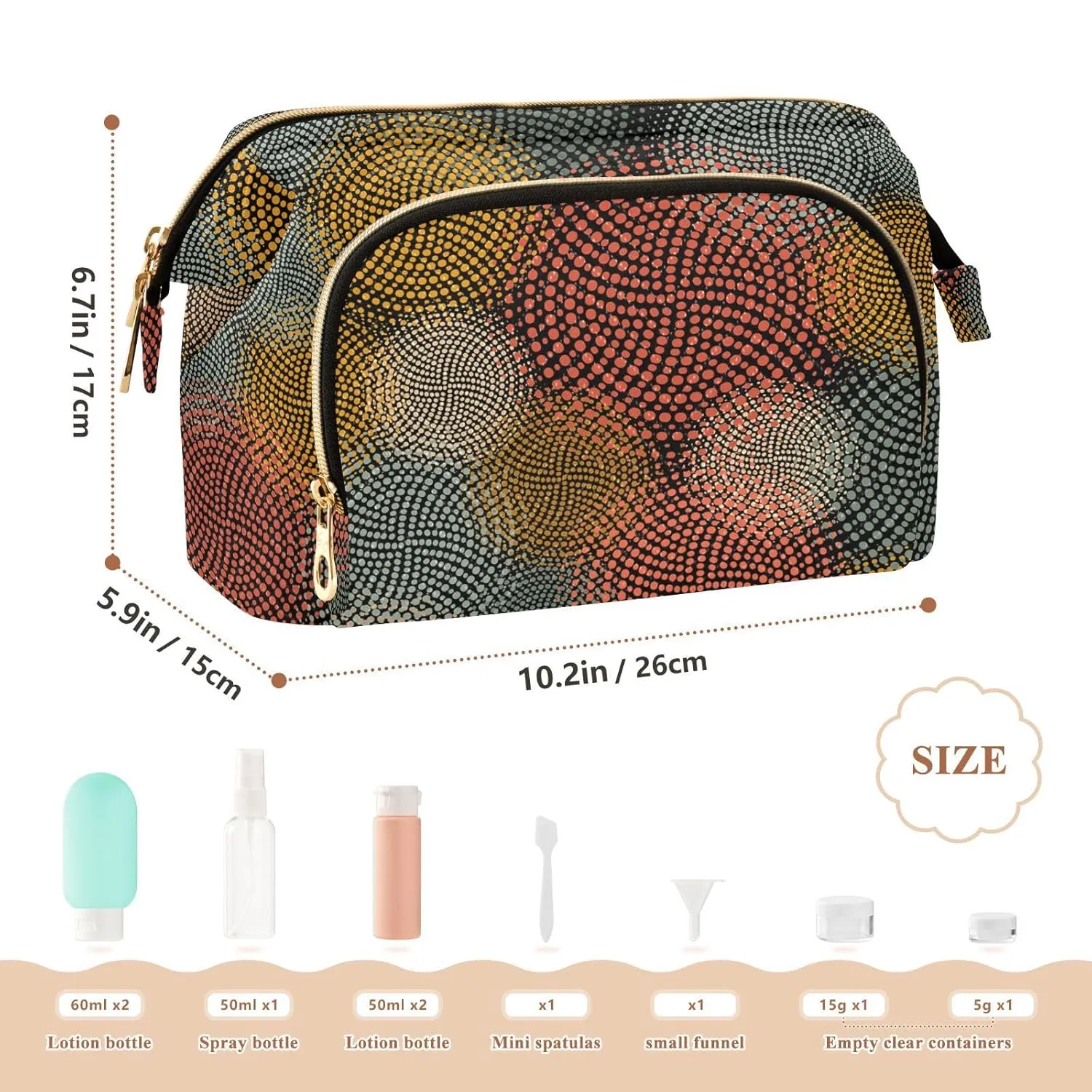 Women Wave Quilt Cosmetic Bag, Zipper Toiletry Storage 10.2x5.9x6.7 in, Pouch Handbag Makeup Case Purse Holder Organizer Print African Afro Enthic Tribal Circles Motifs Retro