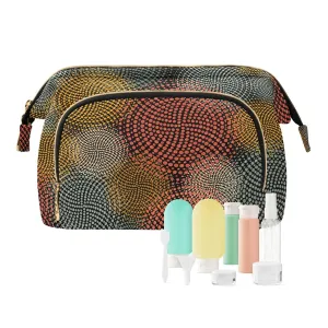 Women Wave Quilt Cosmetic Bag, Zipper Toiletry Storage 10.2x5.9x6.7 in, Pouch Handbag Makeup Case Purse Holder Organizer Print African Afro Enthic Tribal Circles Motifs Retro