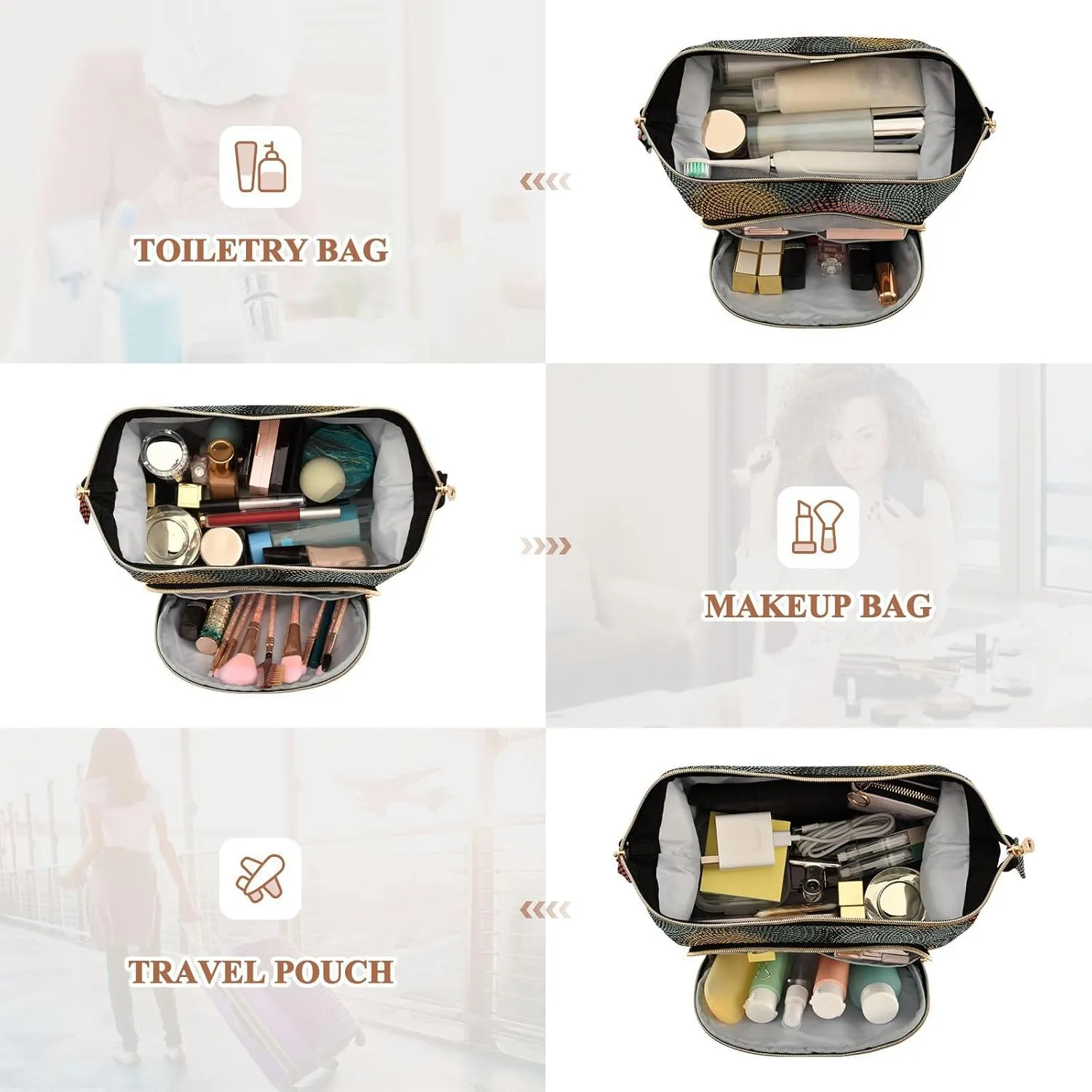 Women Wave Quilt Cosmetic Bag, Zipper Toiletry Storage 10.2x5.9x6.7 in, Pouch Handbag Makeup Case Purse Holder Organizer Print African Afro Enthic Tribal Circles Motifs Retro