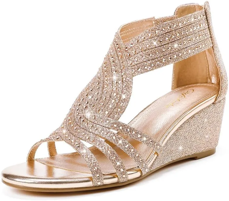 Women Wedge Sandals Sparkly Rhinestone Open Toe Fashion Dressy Sandals Evening Wedding Prom Shoes