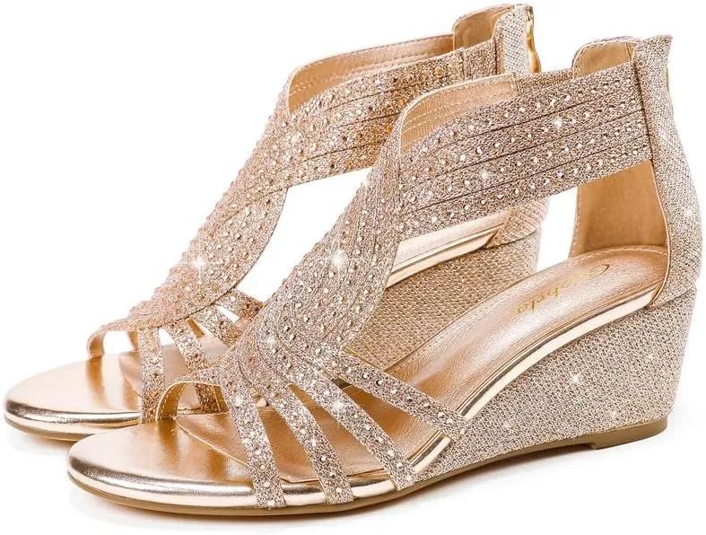 Women Wedge Sandals Sparkly Rhinestone Open Toe Fashion Dressy Sandals Evening Wedding Prom Shoes