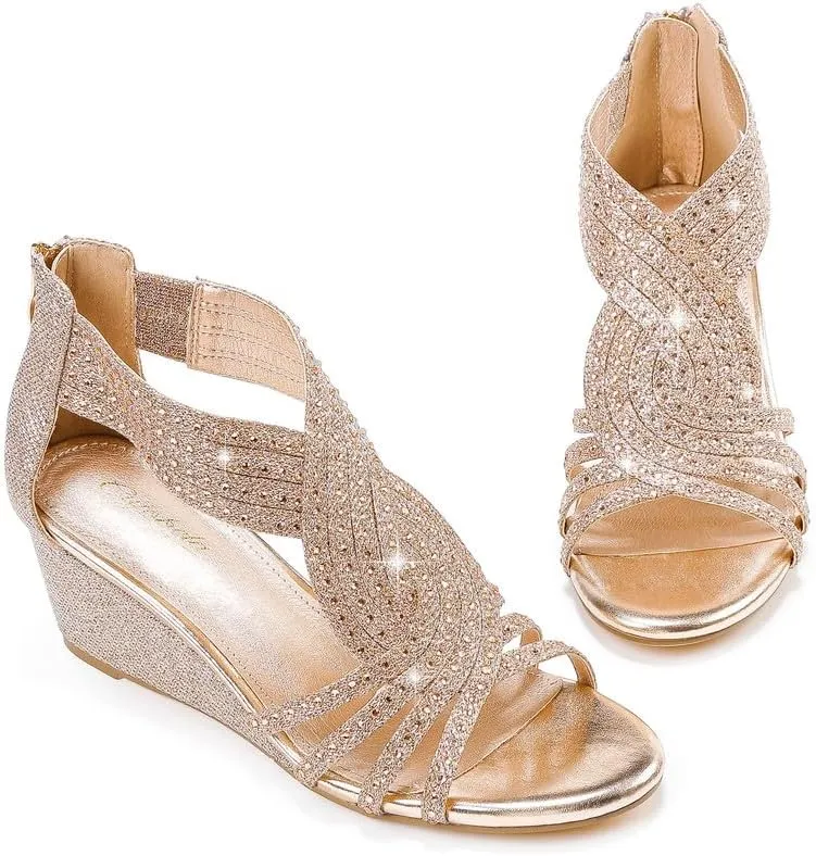 Women Wedge Sandals Sparkly Rhinestone Open Toe Fashion Dressy Sandals Evening Wedding Prom Shoes