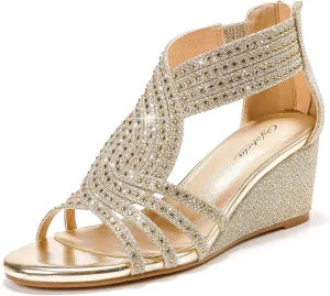 Women Wedge Sandals Sparkly Rhinestone Open Toe Fashion Dressy Sandals Evening Wedding Prom Shoes
