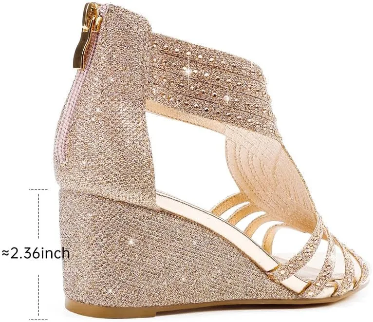 Women Wedge Sandals Sparkly Rhinestone Open Toe Fashion Dressy Sandals Evening Wedding Prom Shoes