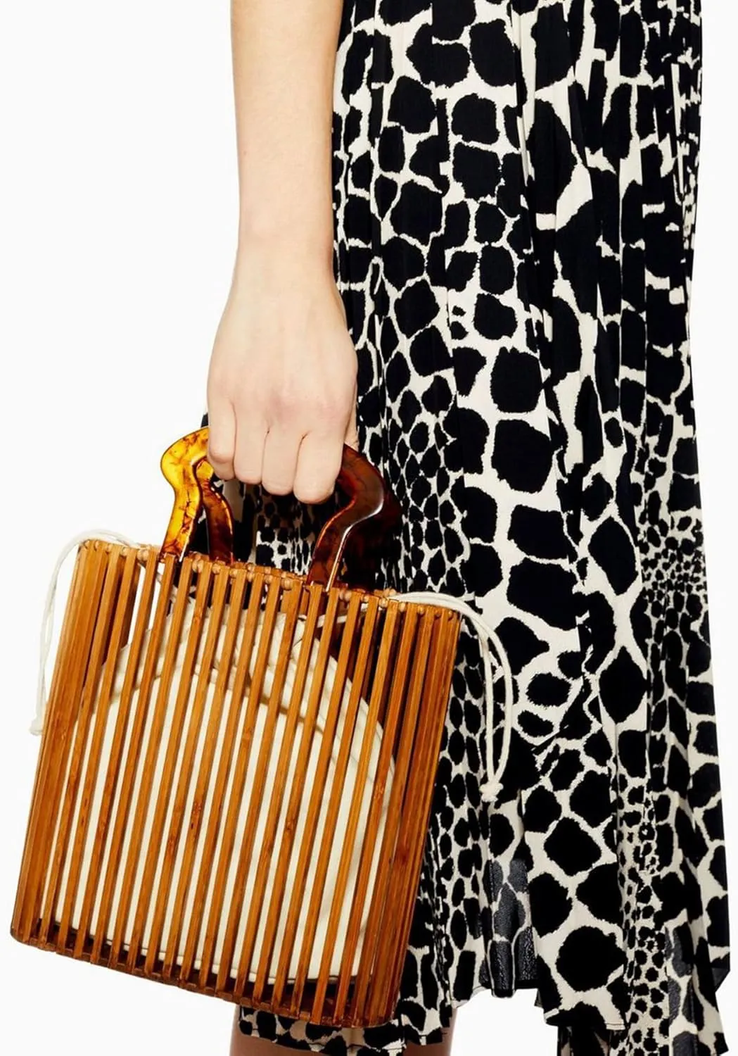 Womens Bamboo Handbags Handmade Summer Beach Clutch Purse Bag Retro with Acrylic Handle Bucket Bag