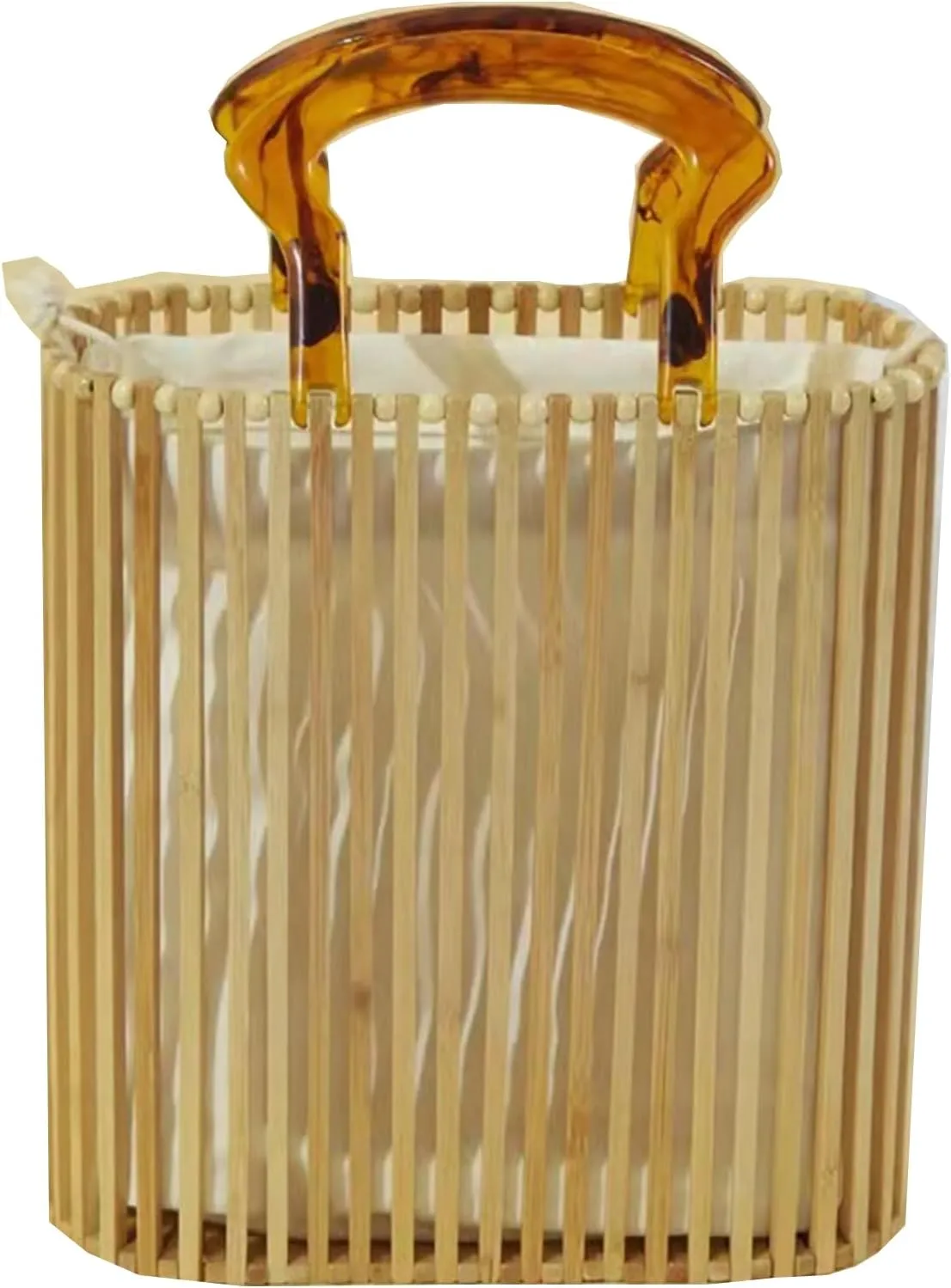 Womens Bamboo Handbags Handmade Summer Beach Clutch Purse Bag Retro with Acrylic Handle Bucket Bag