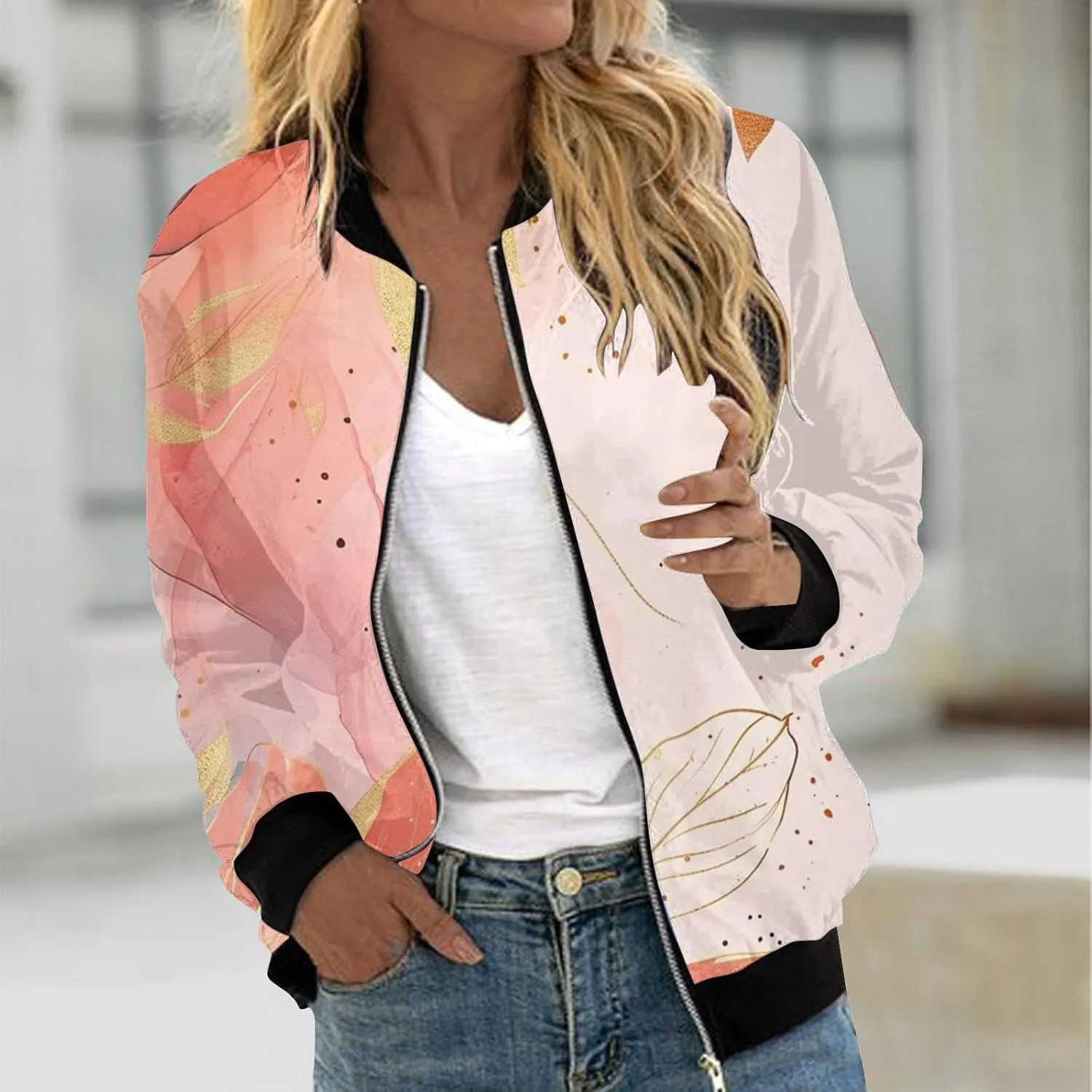 Womens Bomber Jacket 2024 Casual Coat Fall Trendy Lightweight Zip Up Long Sleeve Outerwear Windbreaker with Pocket