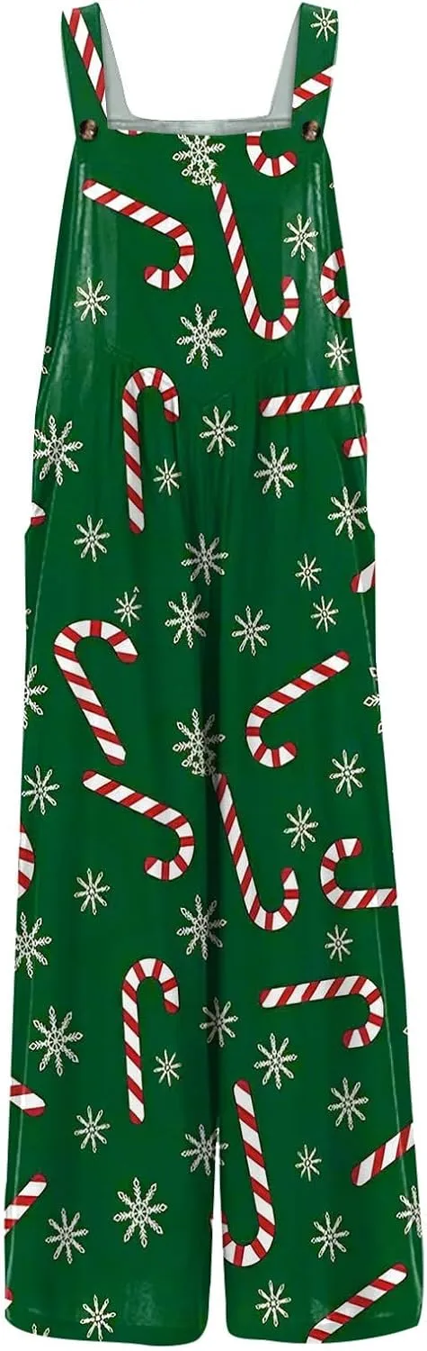Women's Casual Jumpsuit Sleeveless Christmas Plaid Snowflake 3D Printed Cotton Jumpsuit Jumpsuits for Women