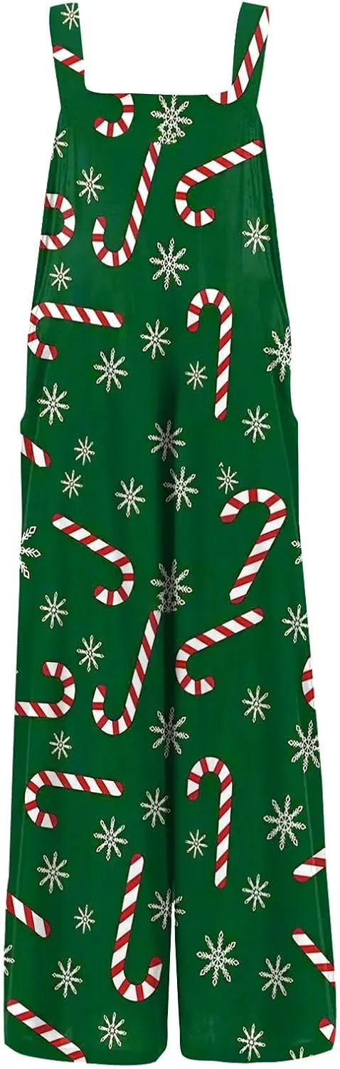 Women's Casual Jumpsuit Sleeveless Christmas Plaid Snowflake 3D Printed Cotton Jumpsuit Jumpsuits for Women