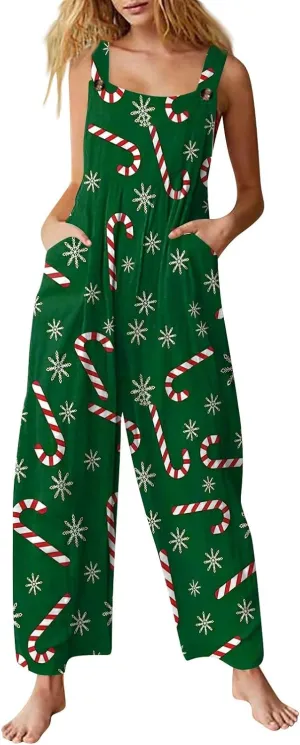 Women's Casual Jumpsuit Sleeveless Christmas Plaid Snowflake 3D Printed Cotton Jumpsuit Jumpsuits for Women