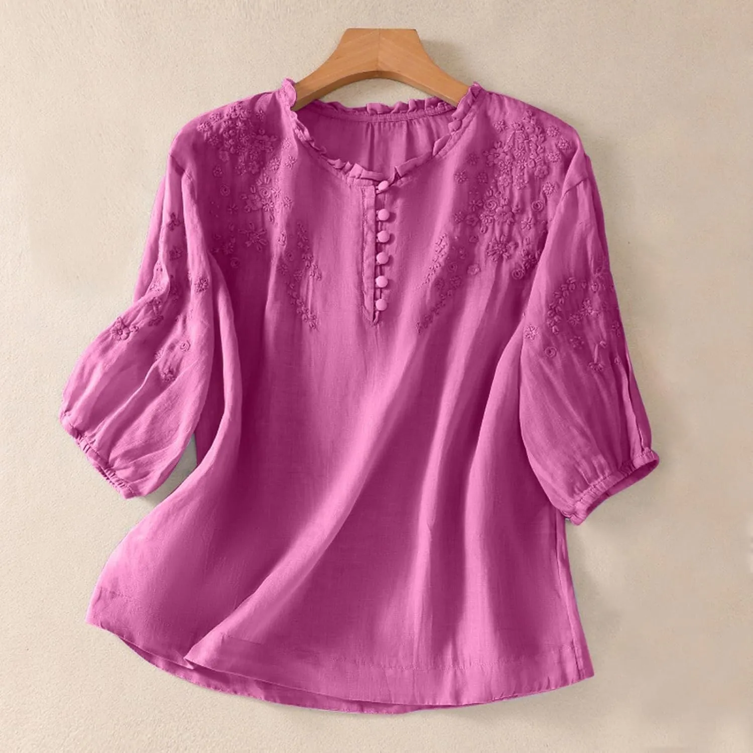 Women's Cotton Linen Button Short Sleeve Shirts Summer Loose Crew Neck Casual Boho Top Vintage Embroidered Blouse Tops