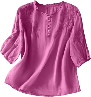 Women's Cotton Linen Button Short Sleeve Shirts Summer Loose Crew Neck Casual Boho Top Vintage Embroidered Blouse Tops