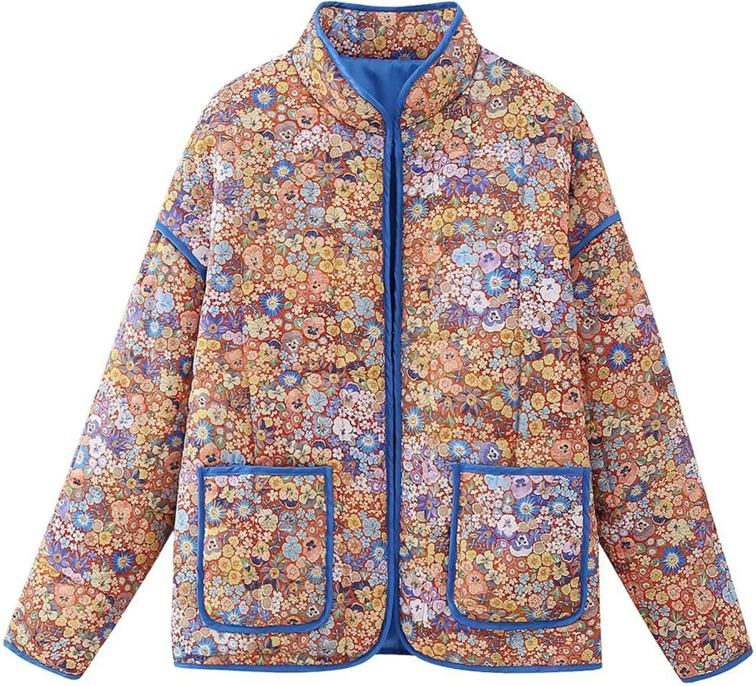 Womens Cropped Quilted Lightweight Jackets Floral Printed Open Front Puffer Coat Cardigan