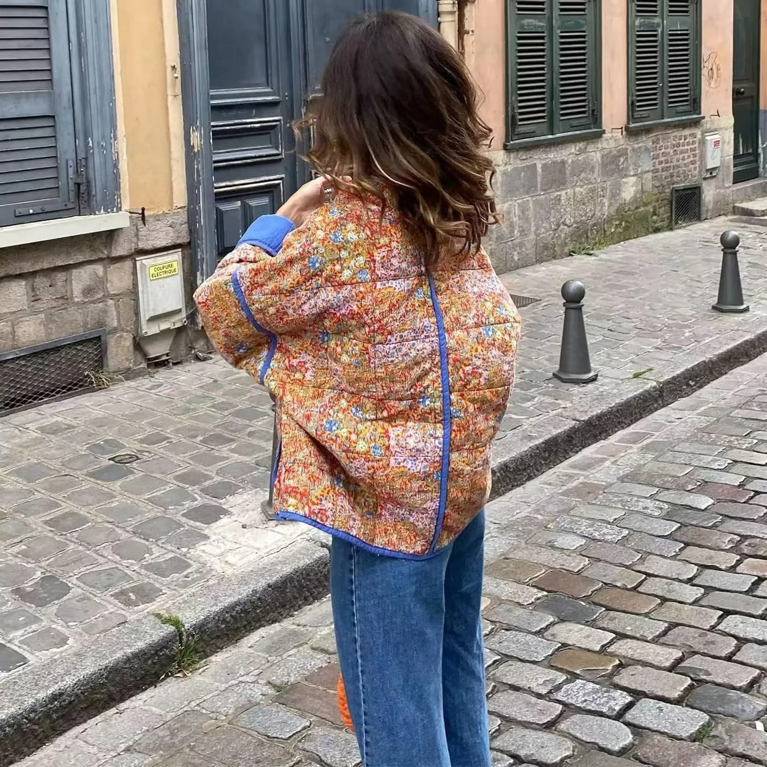 Womens Cropped Quilted Lightweight Jackets Floral Printed Open Front Puffer Coat Cardigan