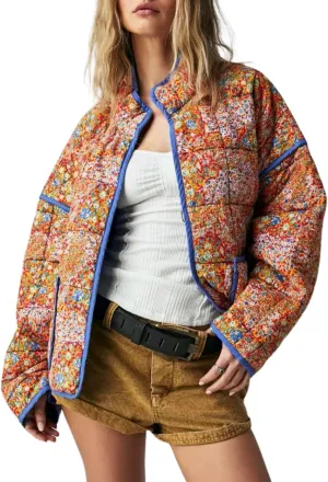 Womens Cropped Quilted Lightweight Jackets Floral Printed Open Front Puffer Coat Cardigan