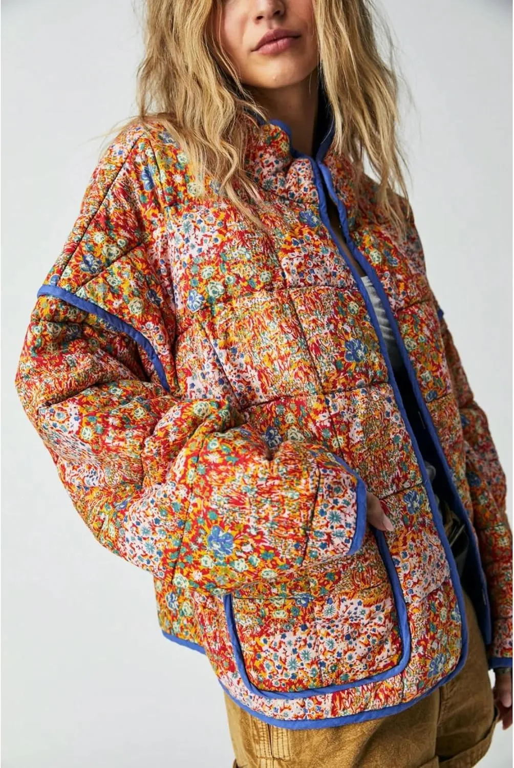 Womens Cropped Quilted Lightweight Jackets Floral Printed Open Front Puffer Coat Cardigan