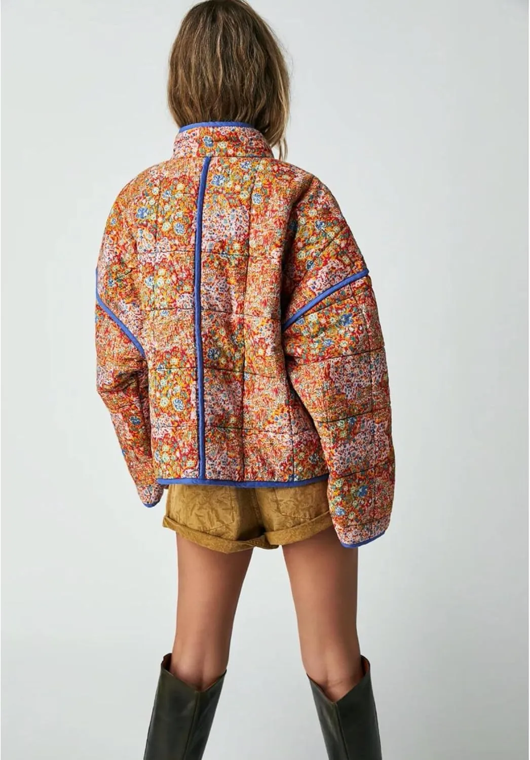 Womens Cropped Quilted Lightweight Jackets Floral Printed Open Front Puffer Coat Cardigan