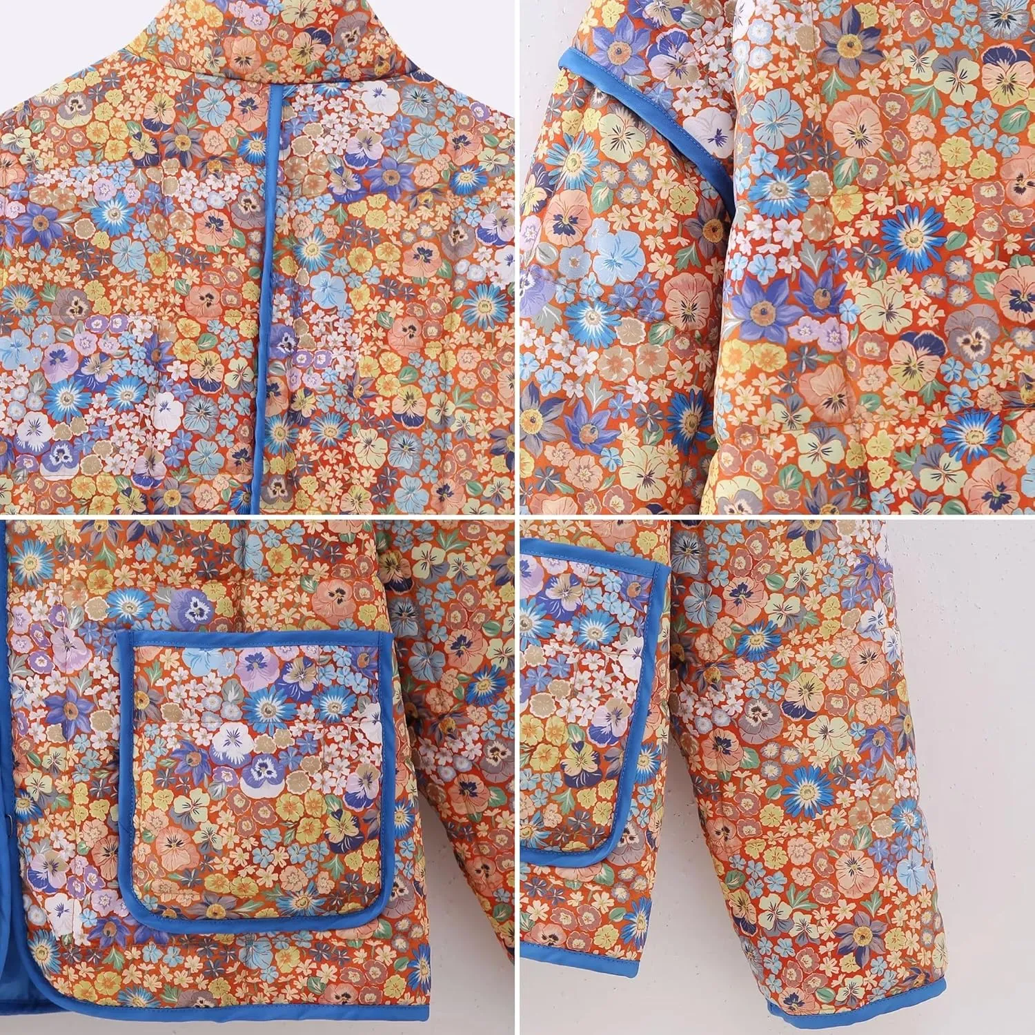 Womens Cropped Quilted Lightweight Jackets Floral Printed Open Front Puffer Coat Cardigan