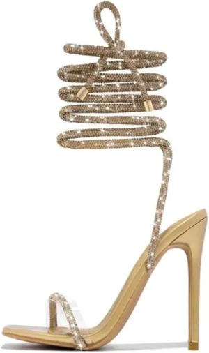 Women's Diamond Styles Lace Up Glitter Shine Ankle Strappy Heels for Women Sparkly Sandals