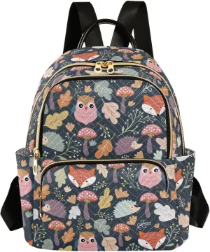Women's Fashion Backpack Autumn Forest Jungle Animal Fox Owl Hedgehog Purse Multipurpose Design Handbags Shoulder Bag Travel bag