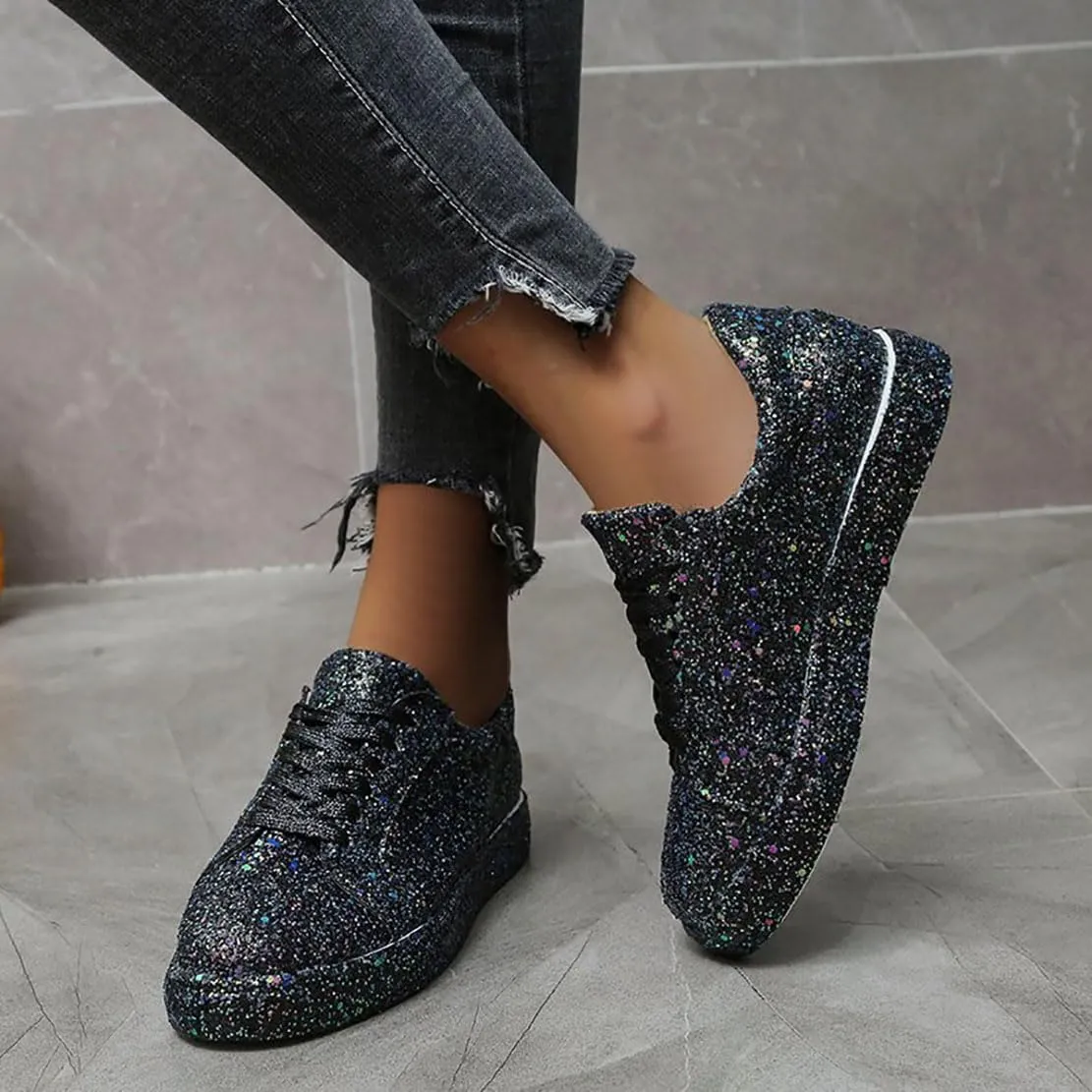 Women's Fashion Star Sneaker Glitter Sparkly Fashion Shiny Casual Bling Sequin Concert Shoes Canvas Low Top Lace Up Comfortable Cushioned Walking for Street Wedding Party Night Club