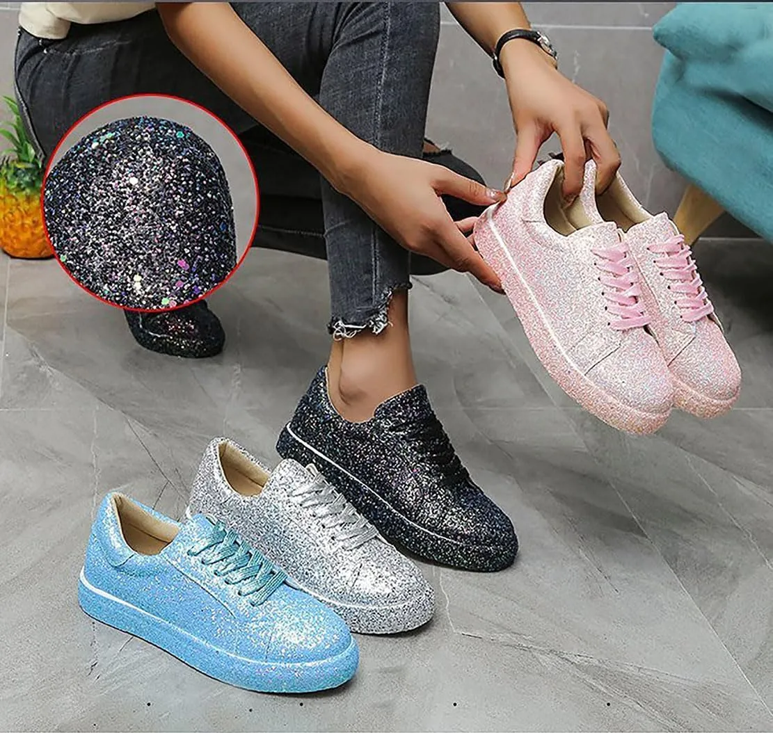 Women's Fashion Star Sneaker Glitter Sparkly Fashion Shiny Casual Bling Sequin Concert Shoes Canvas Low Top Lace Up Comfortable Cushioned Walking for Street Wedding Party Night Club