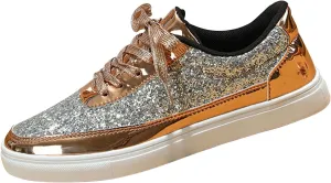 Women's Glitter Tennis Sneakers Neon Dressy Sparkly Sneakers Rhinestone Bling Wedding Bridal Shoes Shiny Sequin Casual Shoes Bling Sequin Concert Low Cut Lace Up Shoes(Size:9,Color:Gold)