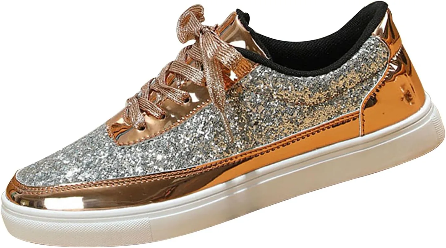 Women's Glitter Tennis Sneakers Neon Dressy Sparkly Sneakers Rhinestone Bling Wedding Bridal Shoes Shiny Sequin Casual Shoes Bling Sequin Concert Low Cut Lace Up Shoes(Size:9,Color:Gold)